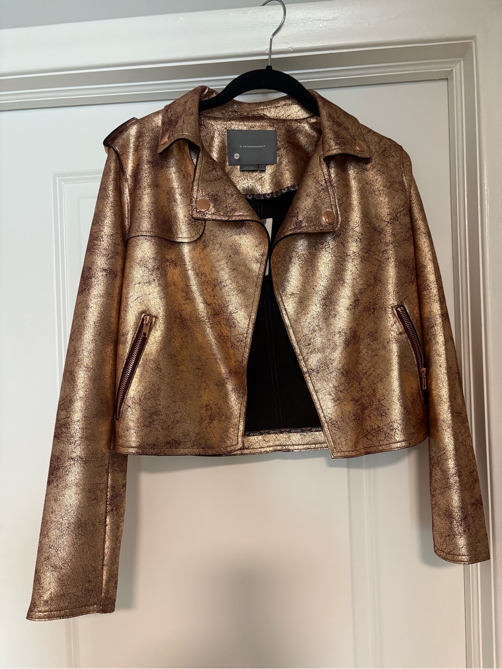 Anthropologie Metallic Bronze Cropped Moto Jacket